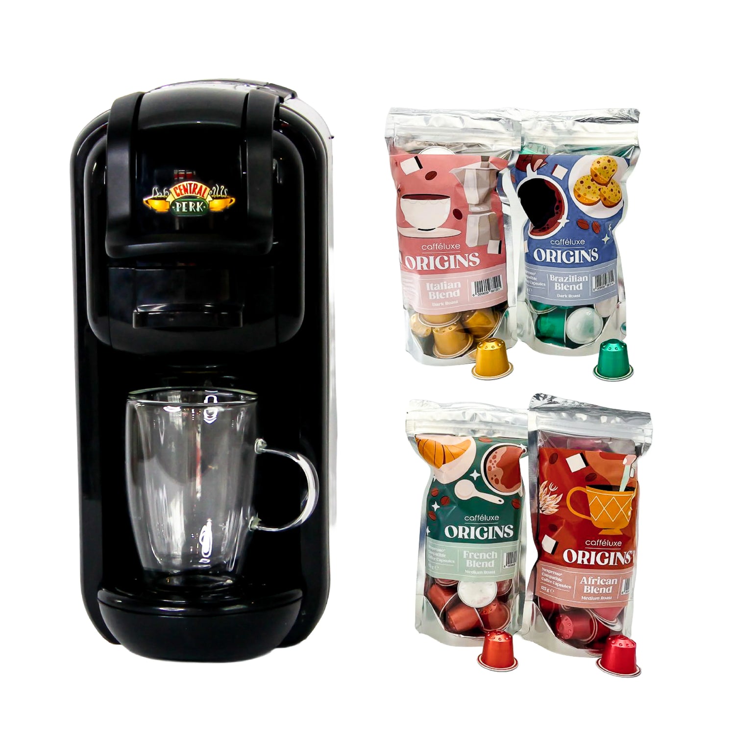 Caffeluxe F.R.I.E.N.D.S DUO Machine | Nespresso® & Dolce Gusto® Compatible | Central Perk | + 100 Aluminium Capsules Free