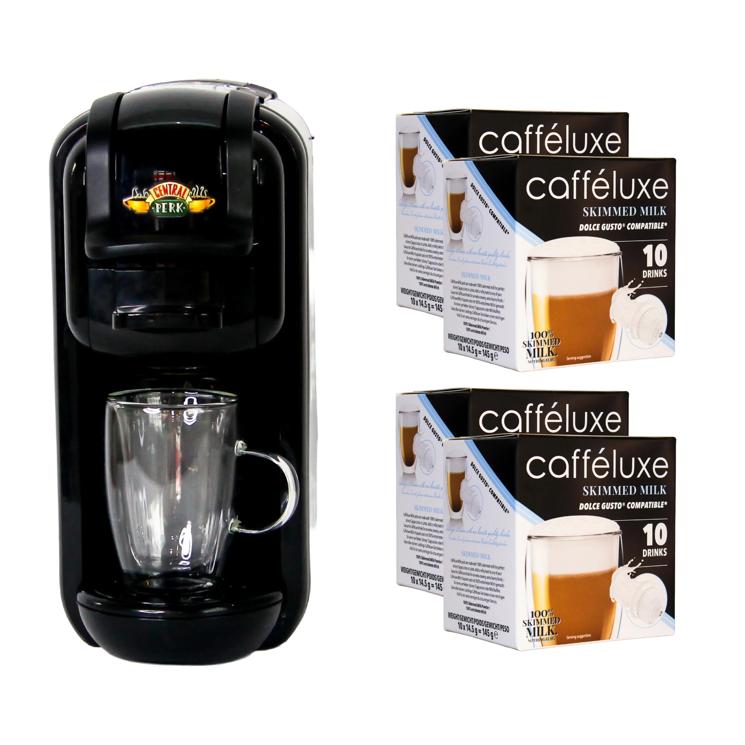 Caffeluxe F.R.I.E.N.D.S DUO Machine | Nespresso® & Dolce Gusto® Compatible | Central Perk + 2 Cases of Dolce Gusto® Compatible Skimmed Milk Capsules FREE