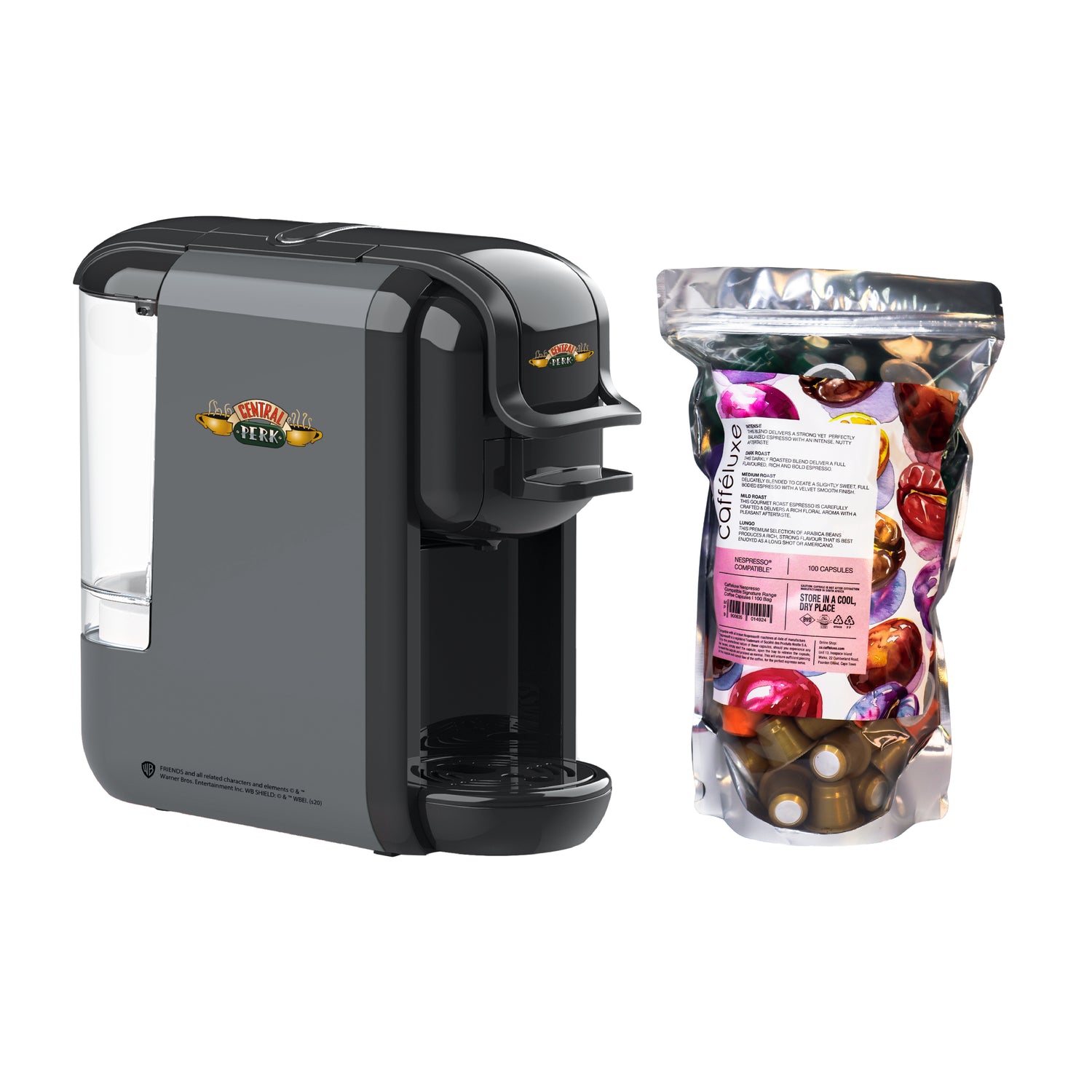 Caffeluxe F.R.I.E.N.D.S DUO Machine | Nespresso® & Dolce Gusto® Compatible | Central Perk + Cafféluxe Signature Mixed Variety | 100 Coffee Capsules | Nespresso® Compatible  FREE