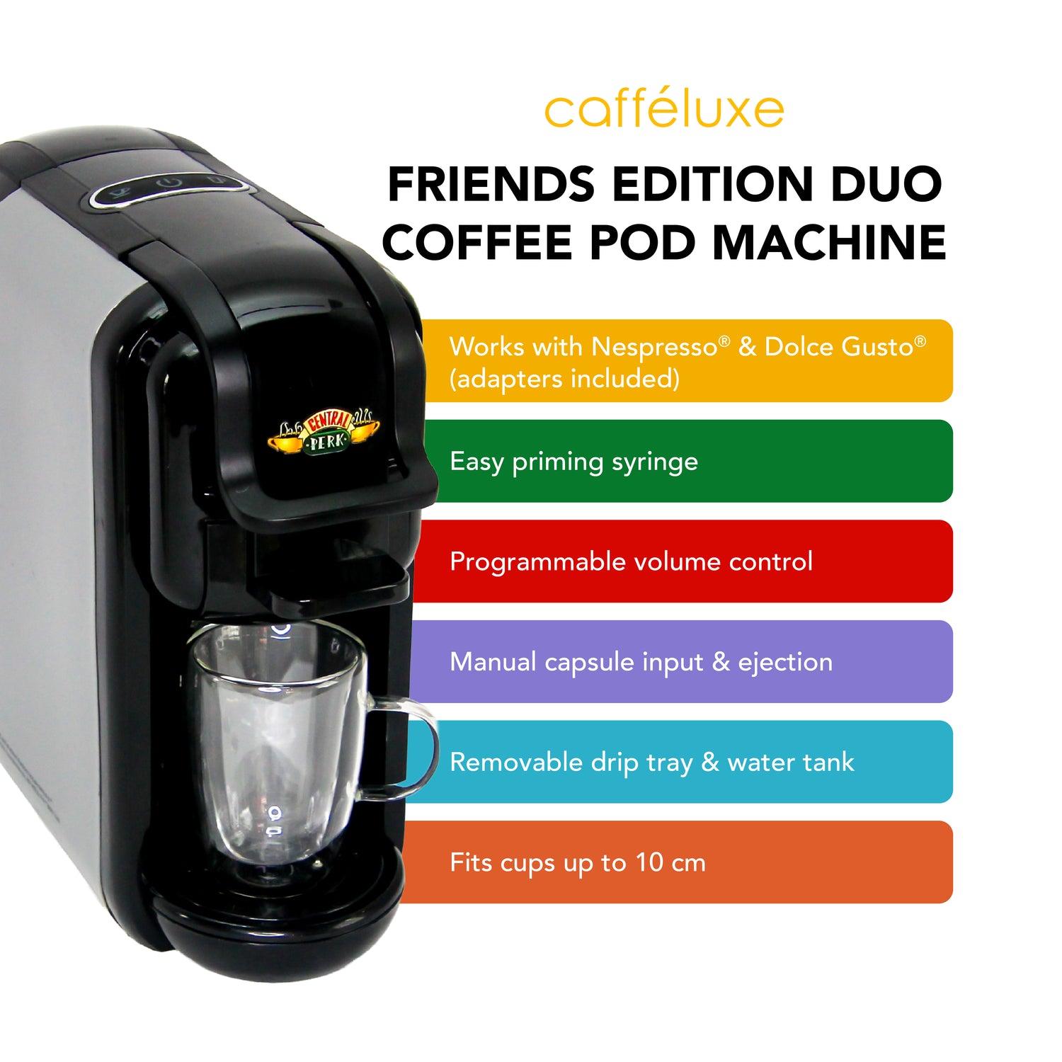 Caffeluxe F.R.I.E.N.D.S DUO Machine | Nespresso® & Dolce Gusto® Compatible | Central Perk + Cafféluxe Signature Mixed Variety | 100 Coffee Capsules | Nespresso® Compatible  FREE