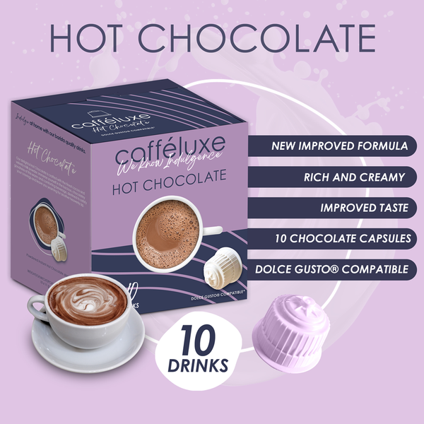 Cafféluxe Hot Chocolate | 10 Capsules | Single Serve | Dolce Gusto® Compatible