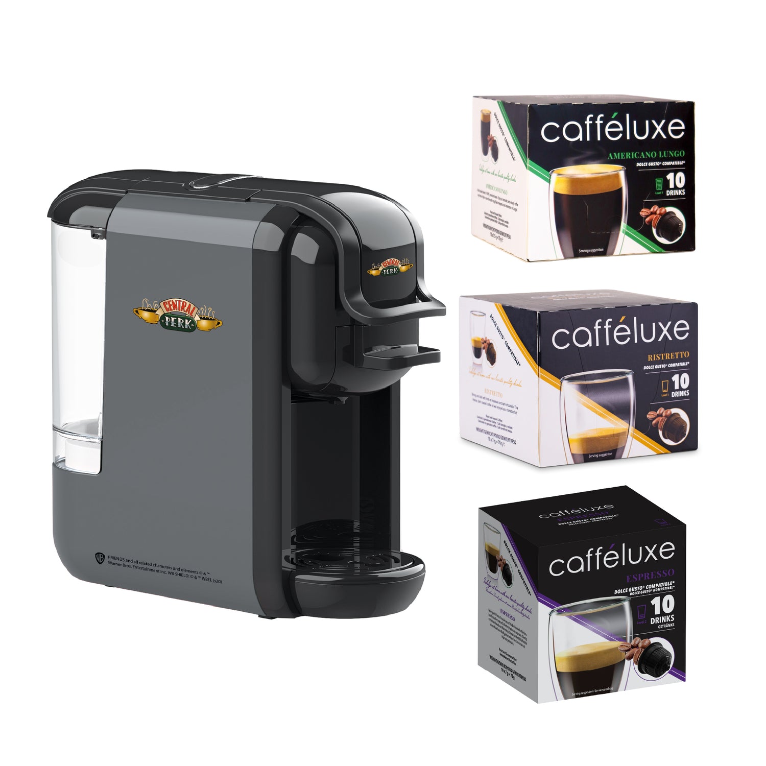 Caffeluxe F.R.I.E.N.D.S DUO Machine | Nespresso® & Dolce Gusto® Compatible | Central Perk + 1 x Americano, 1 x Espresso, 1x Ristretto FREE