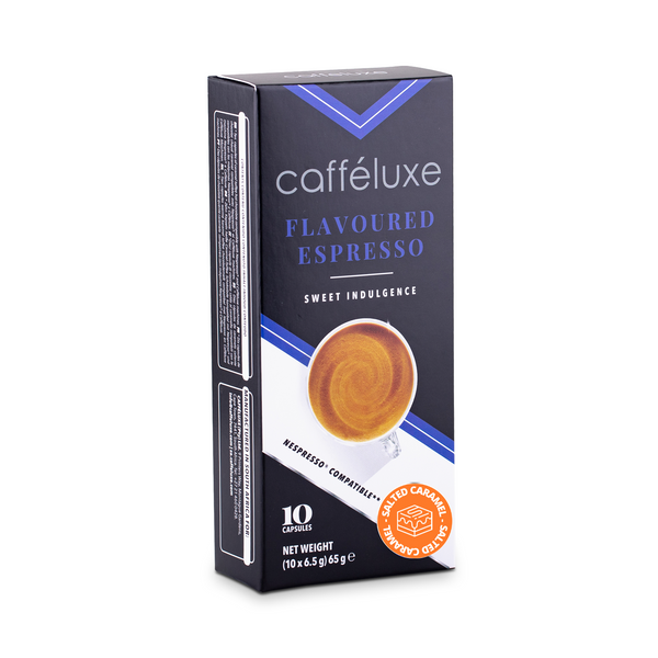 Nespresso Compatible Caffeluxe Salted Caramel Pods. Coffee capsules or Pods. Simply click for coffee & get your coffee capsules direct to your door! za.caffeluxe.com. Made in South Africa 